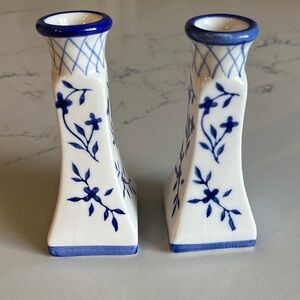 Vintage Style Delft Blue and White Candle Stick Holders